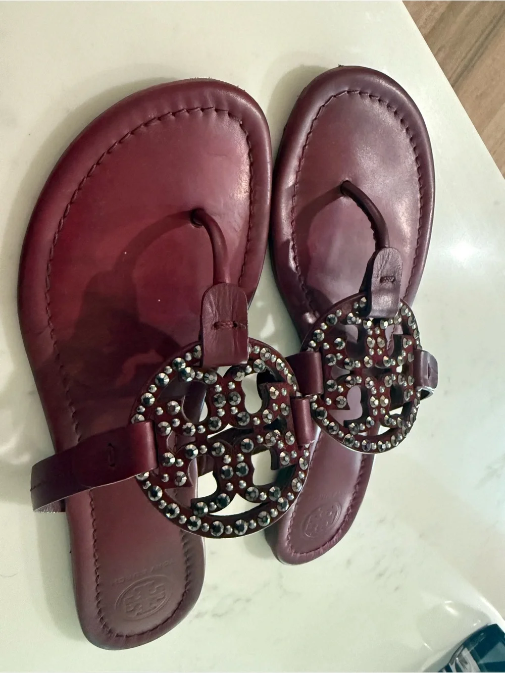 Tory Burch Burgundy Leather Miller Logo Sandals with Stud Accents